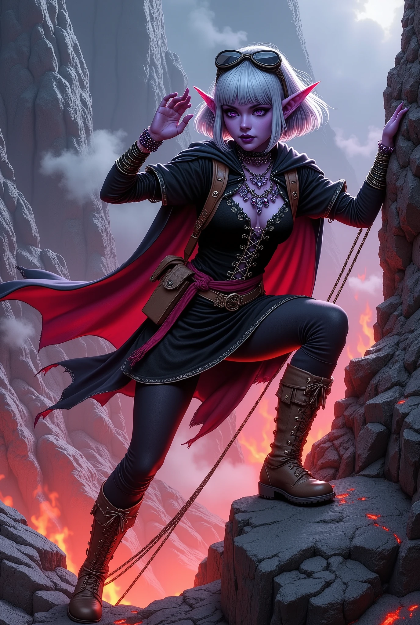 (Ultra-detailed face, Looking away, Fantasy Illustration with Gothic, Dark tone colors.), BREAK 
(As a plume of smoke shrouds the area in white, a female dark elf explorer climbs from ledge to ledge, hanging her limbs on rocky clues in the burning volcanic terrain. Steam erupts from everywhere, and red molten lava flows down from remote rock faces. The female rogue grips a rope tied to a rock and holds up one hand to protect her face from the hot air. On her back she carries a small backpack full of climbing gear.), BREAK 
(The young female dark elf rogue has half black, half gray hair with white eyebrows, blunt bangs, hair tied in a bow around her shoulders, small pink lips, dark purple skin, and thick eyeliner.), BREAK 
(A female dark elf rogue wears goggles shifted across her forehead and a jet-black velour lace-up dress with silver trim and a thin cape. She wears a wide crimson sash around her waist and a necklace and bracelet made of iridescent beads. She wears leather boots.), BREAK 
(This is a scorching volcanic area where even the rocks burn. A mountainous area covered in rocks and lava, where legend has it that the Red Dragon lives. Steam is constantly billowing out and covering the area.)