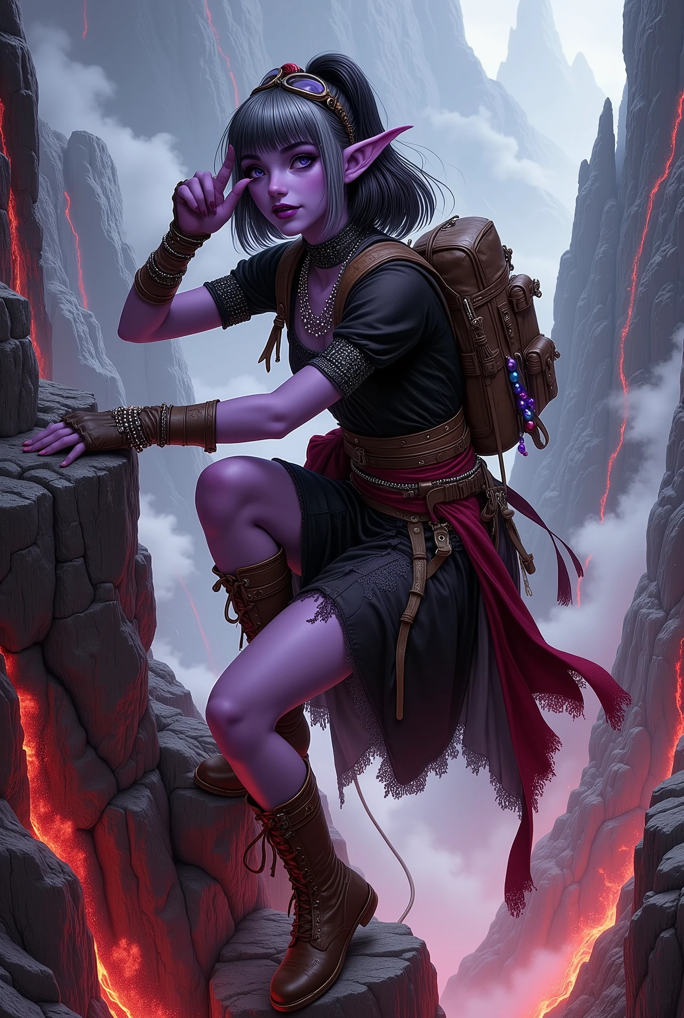 (Ultra-detailed face, Looking away, Fantasy Illustration with Gothic, Dark tone colors.), BREAK 
(As a plume of smoke shrouds the area in white, a female dark elf explorer climbs from ledge to ledge, hanging her limbs on rocky clues in the burning volcanic terrain. Steam erupts from everywhere, and red molten lava flows down from remote rock faces. The female rogue grips a rope tied to a rock and holds up one hand to protect her face from the hot air. On her back she carries a small backpack full of climbing gear.), BREAK 
(The young female dark elf rogue has half black, half gray hair with white eyebrows, blunt bangs, hair tied in a bow around her shoulders, small pink lips, dark purple skin, and thick eyeliner.), BREAK 
(A female dark elf rogue wears goggles shifted across her forehead and a jet-black velour lace-up dress with silver trim and a thin cape. She wears a wide crimson sash around her waist and a necklace and bracelet made of iridescent beads. She wears leather boots.), BREAK 
(This is a scorching volcanic area where even the rocks burn. A mountainous area covered in rocks and lava, where legend has it that the Red Dragon lives. Steam is constantly billowing out and covering the area.)