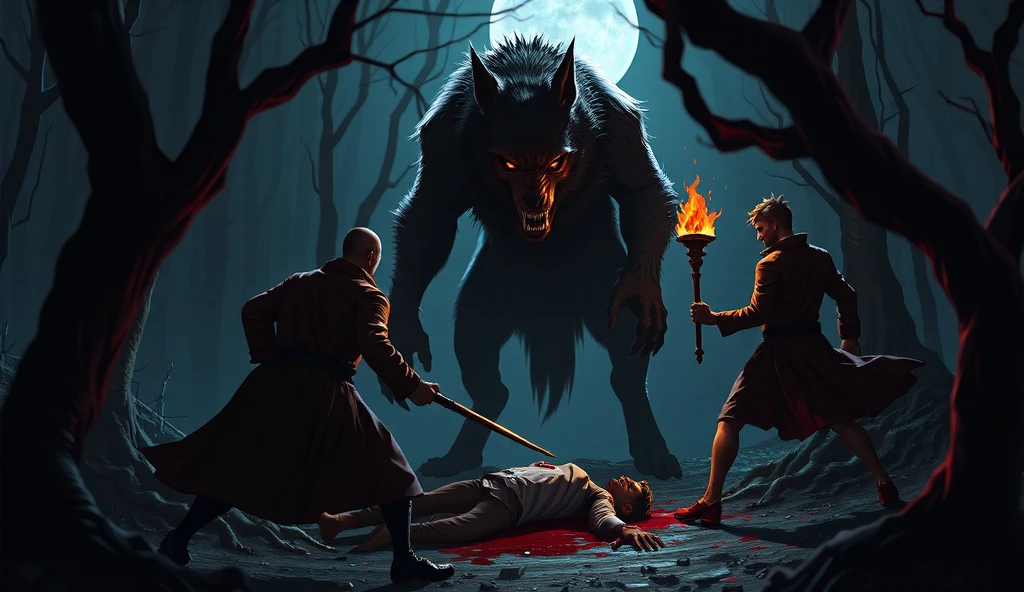 A terrifying scene in a dark forest at night, featuring a large, monstrous werewolf (Alpha) with glowing red eyes and dark fur, standing menacingly on its hind legs. The werewolf appears intelligent and cruel, staring directly at two exhausted and injured young men in their late 20s. One man, holding a silver candlestick, lunges toward the creature, while the other stands ready with a flaming torch. The forest is dimly lit, with moonlight filtering through twisted branches. Shadows add a sense of fear and suspense. Nearby, a fallen friend (Ramon) lies on the ground, weak but alive, covered in blood. The atmosphere is tense, filled with a sense of desperation and heroism. The scene captures an epic battle for survival.