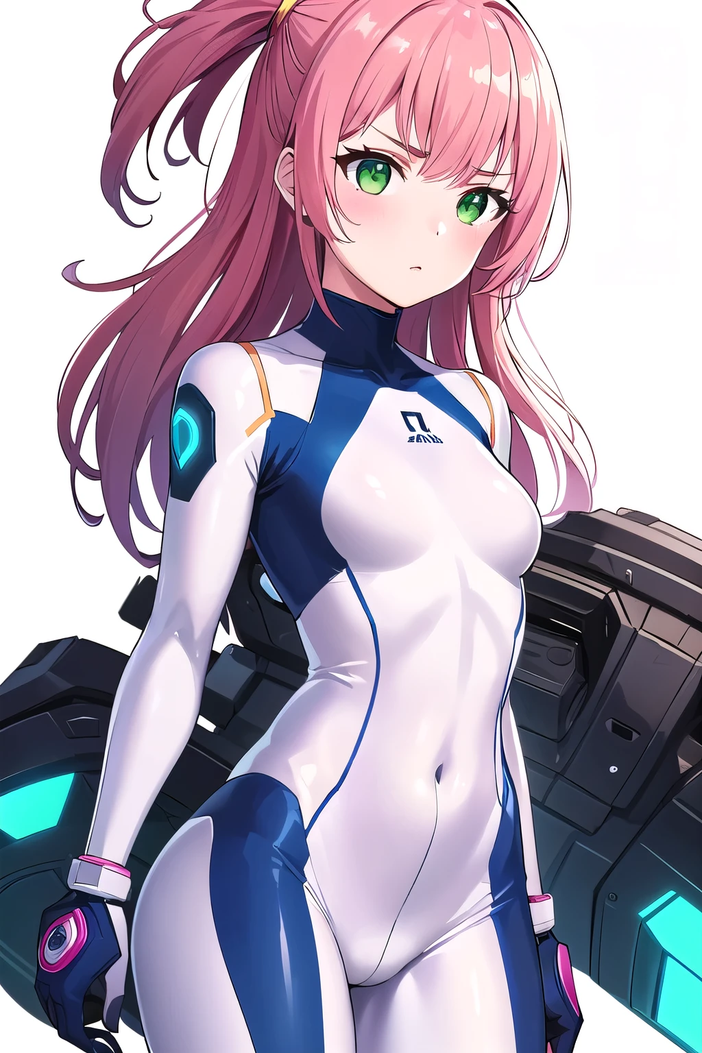 1girl,Samus aran,solo,green eyes, pink hair, forehead hair, white zero suit,white body suit,purple stripes,cowboy shot,blush,,Science fiction,ultra-detailed,sharp focus,aesthetic,(best quality), white background,