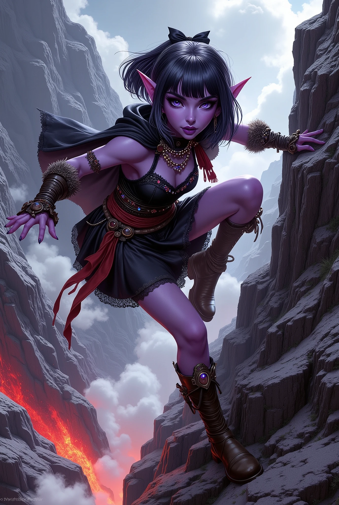 (Ultra-detailed face, Looking away, Fantasy Illustration with Gothic, Dark tone colors.), BREAK 
(As a plume of smoke shrouds the area in white, a female dark elf explorer climbs from ledge to ledge, hanging her limbs on rocky clues in the burning volcanic terrain. Steam erupts from everywhere, and red molten lava flows down from remote rock faces. The female rogue grips a rope tied to a rock and holds up one hand to protect her face from the hot air. On her back she carries a small backpack full of climbing gear.), BREAK 
(The young female dark elf rogue has half black, half gray hair with white eyebrows, blunt bangs, hair tied in a bow around her shoulders, small pink lips, dark purple skin, and thick eyeliner.), BREAK 
(A female dark elf rogue wears goggles shifted across her forehead and a jet-black velour lace-up dress with silver trim and a thin cape. She wears a wide crimson sash around her waist and a necklace and bracelet made of iridescent beads. She wears fur-trimmed leather boots.), BREAK 
(This is a scorching volcanic area where even the rocks burn. A mountainous area covered in rocks and lava, where legend has it that the Red Dragon lives. Steam is constantly billowing out and covering the area.)