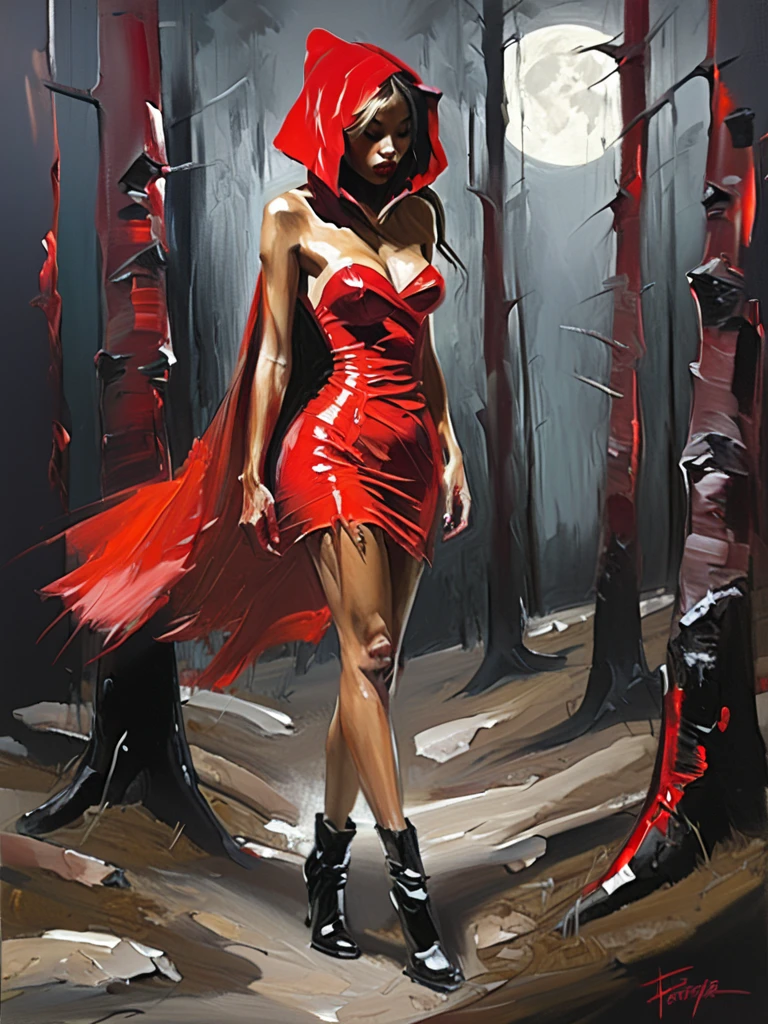 Very authentic painting by (Fabian Perez:1.3) , (Henry Asencio:1.2), (Alessandro Barbucci:1.1),  a beautiful, very attractive , xsexy, xnaked, xseductive mulatto woman, [A woman in a red dress and black boots stands confidently with (legs apart:1.3)  in a dark forest, a snarling werewolf lurking behind her. The moon is visible in the background. The mood is suspenseful and darkly alluring, a reimagining of Little Red Riding Hood.],., master piece, complete body view, beauty, sensual feminine, visible flat brushstrokes, thick layers of paint, .. on dark background, light leaks, The painting is done with loose brushstrokes and vibrant rich imperial colors. The overall mood of the painting is provocative, sensual and intimate, confident posture, (a gap between the legs through which light penetrates)

