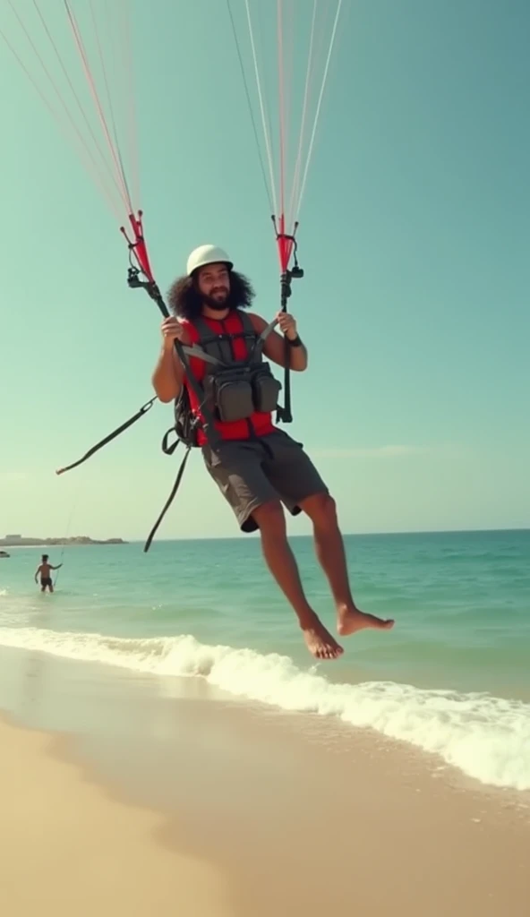 Animalistic man with octopus head and athletic body of a surfer in shorts on a beach with the sea at his back jumping with a water gun in his hand on the sand is a poster advertising summer and 90s style music festivals