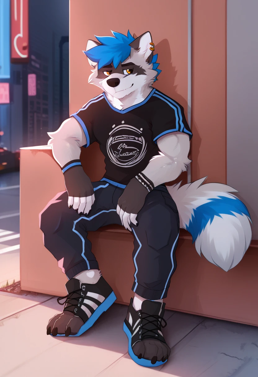 by pache-riggs, (wolf), (urban clothes), fluffy, elastic stretch, short hair, sit, By pache riggs