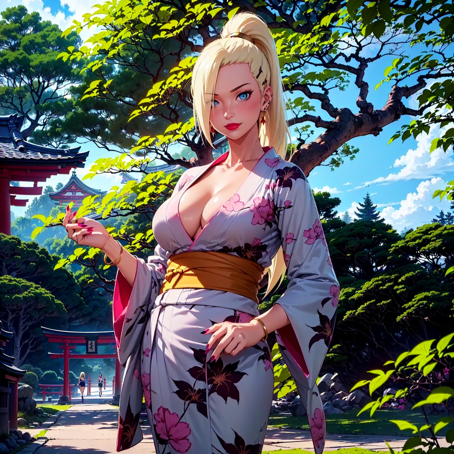 ((1girl, solo ,alone, (ino yamanaka, yamanaka_ino, blue eyes, blonde hair, ponytail, painted nails), gold bracelets, ruby earrings)), ((solo, 1woman, pink lipstick, Extremely detailed, ambient soft lighting, 4k, perfect eyes, a perfect face, perfect lighting, a 1girl)), austere, , ((fitness,, shapely body, athletic body, toned body)), ((kimono, Yukata, Japanese garden, Japanese temple, forest, torii, trees, city in the background, red lipstick, clouds, smug, printed kimono, jacaranda trees, neckline, cleavage))