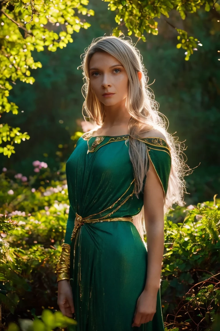 Galadriel, a radiant elven queen, standing gracefully in a magical elven forest bathed in soft, ethereal light. She is wearing a flowing green dress adorned with intricate golden embroidery, reminiscent of delicate vines and leaves, perfectly complementing the lush surroundings. Her long, silvery hair cascades over her shoulders, glowing softly in the dappled sunlight filtering through ancient, towering trees. The forest is alive with magical energy, featuring bioluminescent flowers, sparkling streams, and faint, glowing particles floating in the air. Her expression is serene and wise, her piercing eyes reflecting the timeless beauty and wisdom of the elves. The scene is infused with an otherworldly atmosphere, with fine details in the textures of her dress, the bark of the trees, and the vibrant flora. Photorealistic rendering, ultra-high-definition, with dramatic, yet soft lighting highlighting her elegance and the magical ambiance of the forest.