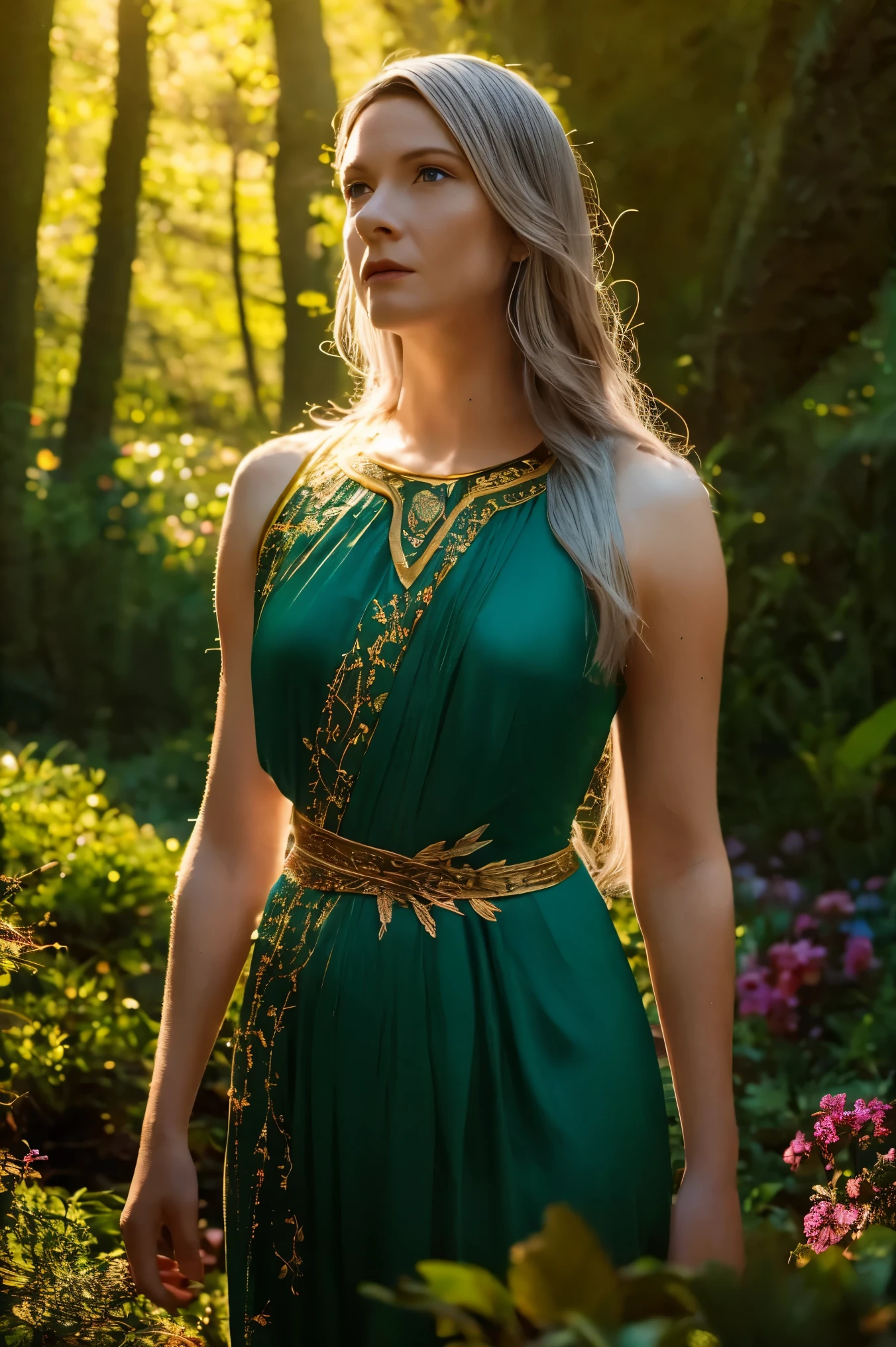 Galadriel, a radiant elven queen, standing gracefully in a magical elven forest bathed in soft, ethereal light. She is wearing a flowing green dress adorned with intricate golden embroidery, reminiscent of delicate vines and leaves, perfectly complementing the lush surroundings. Her long, silvery hair cascades over her shoulders, glowing softly in the dappled sunlight filtering through ancient, towering trees. The forest is alive with magical energy, featuring bioluminescent flowers, sparkling streams, and faint, glowing particles floating in the air. Her expression is serene and wise, her piercing eyes reflecting the timeless beauty and wisdom of the elves. The scene is infused with an otherworldly atmosphere, with fine details in the textures of her dress, the bark of the trees, and the vibrant flora. Photorealistic rendering, ultra-high-definition, with dramatic, yet soft lighting highlighting her elegance and the magical ambiance of the forest.