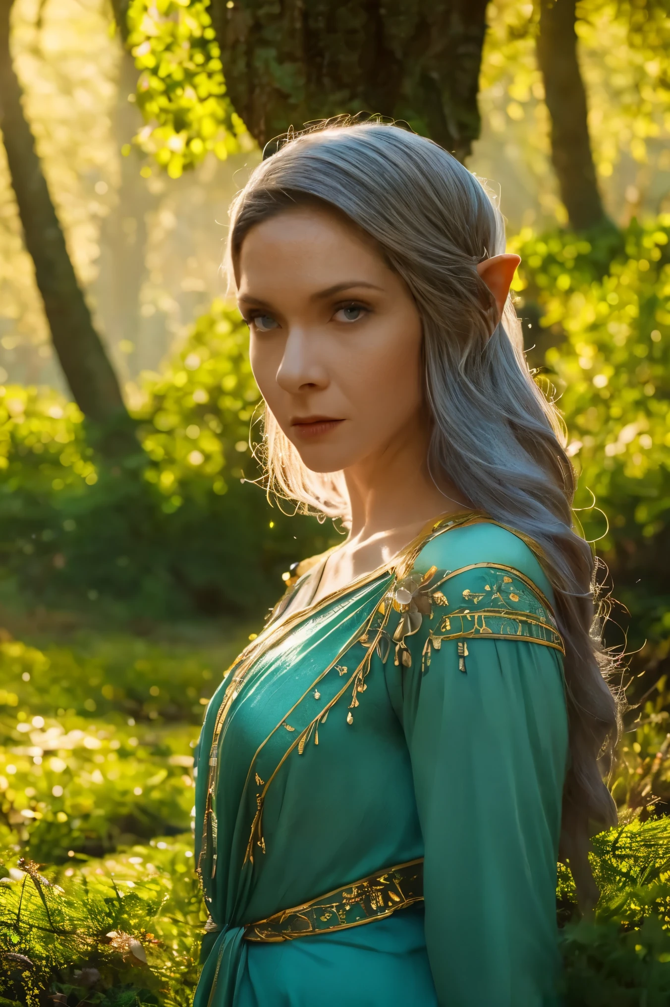 Galadriel, a radiant elven queen, standing gracefully in a magical elven forest bathed in soft, ethereal light. She is wearing a flowing green dress adorned with intricate golden embroidery, reminiscent of delicate vines and leaves, perfectly complementing the lush surroundings. Her long, silvery hair cascades over her shoulders, glowing softly in the dappled sunlight filtering through ancient, towering trees. The forest is alive with magical energy, featuring bioluminescent flowers, sparkling streams, and faint, glowing particles floating in the air. Her expression is serene and wise, her piercing eyes reflecting the timeless beauty and wisdom of the elves. The scene is infused with an otherworldly atmosphere, with fine details in the textures of her dress, the bark of the trees, and the vibrant flora. Photorealistic rendering, ultra-high-definition, with dramatic, yet soft lighting highlighting her elegance and the magical ambiance of the forest.