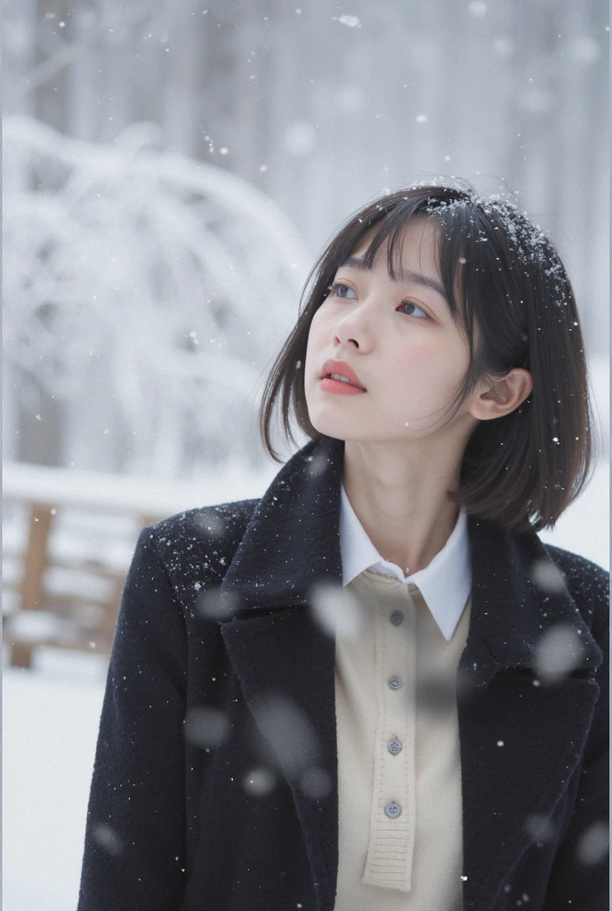 a girl with short hair in a black coat was standing in the snow,look up,the breeze stirred the hair,heavy snow,snowing,<lora:MengX girl_Mix_V40:0.9>,depth of field,telephoto lens,messy hair,((close-up)),((sad)),sad and melancholy atmosphere,reference movie love letter,profile,looking up,(face focus),floating hair,bangs,eyes focus,half closed-eyes,