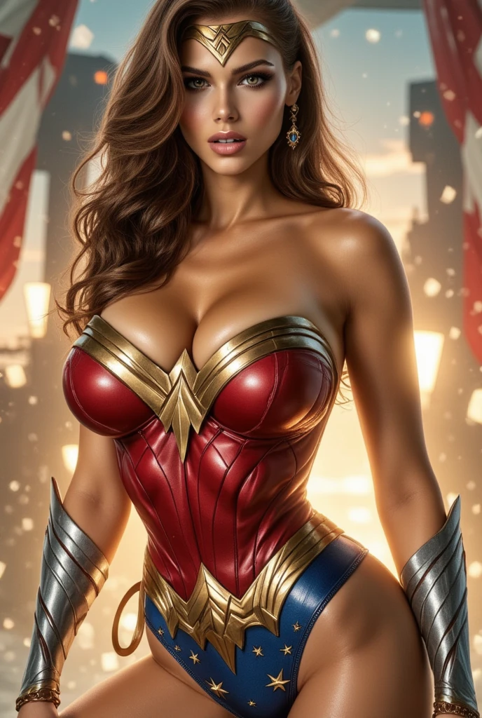 a sexy  Wonder Woman new 52 , , detailed face, beautiful blue eyes, long eyelashes, full red lips,  themed outfit, tight bodysuit, high heels, detailed muscles, dynamic pose, dramatic lighting, cinematic camera angle, vibrant colors, hyperrealistic, 8k, intricate details, photorealistic, high quality, seductively 