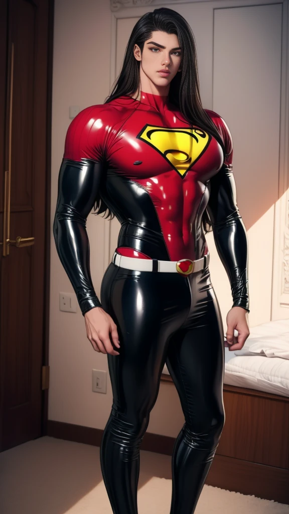  Handsome and cool boy wearing latex superhero, teenager, tall, long hair, beautiful skin,1boy,Manhwa, pensil drawing 