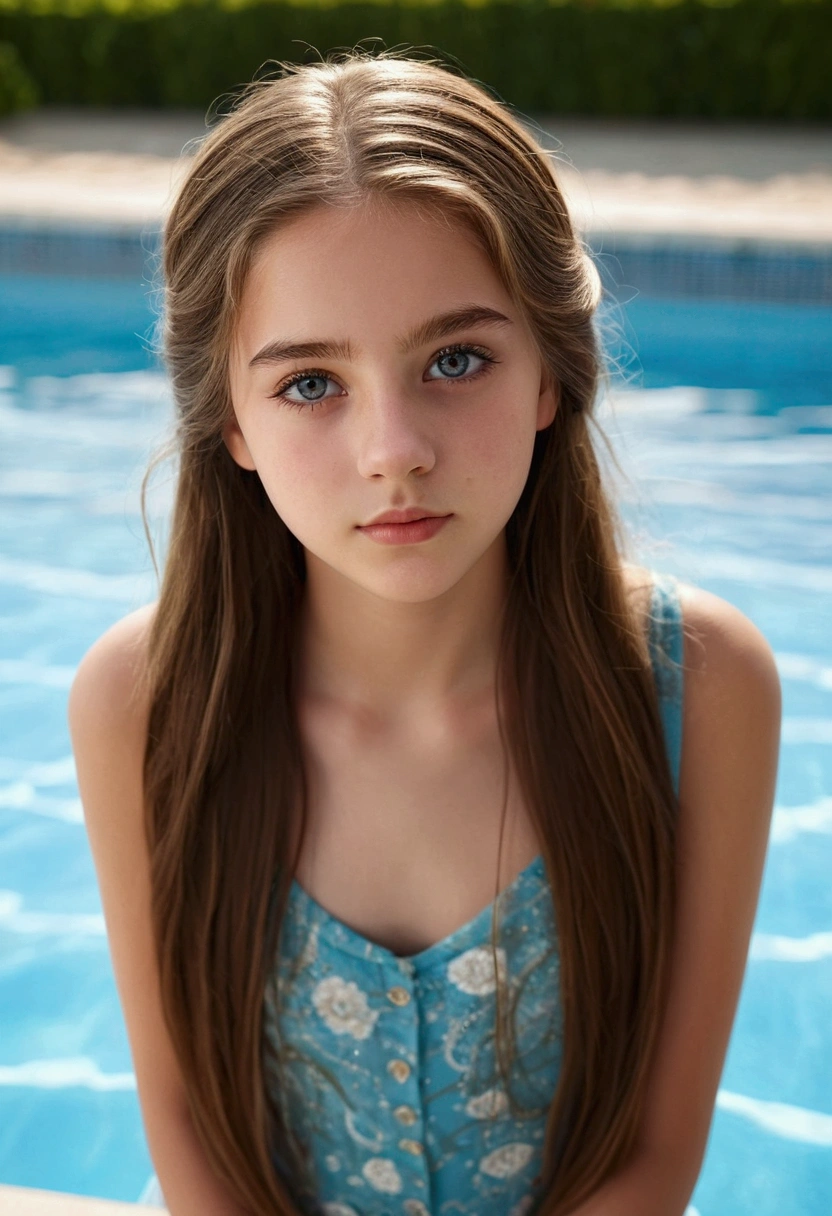 full body image of fifteen year old girl, beautiful detailed eyes, extremely detailed face and features, long eyelashes, long flowing hair, ( out), outdoor pool scene, natural lighting, cinematic composition, highly detailed, photorealistic, 8k , work of art