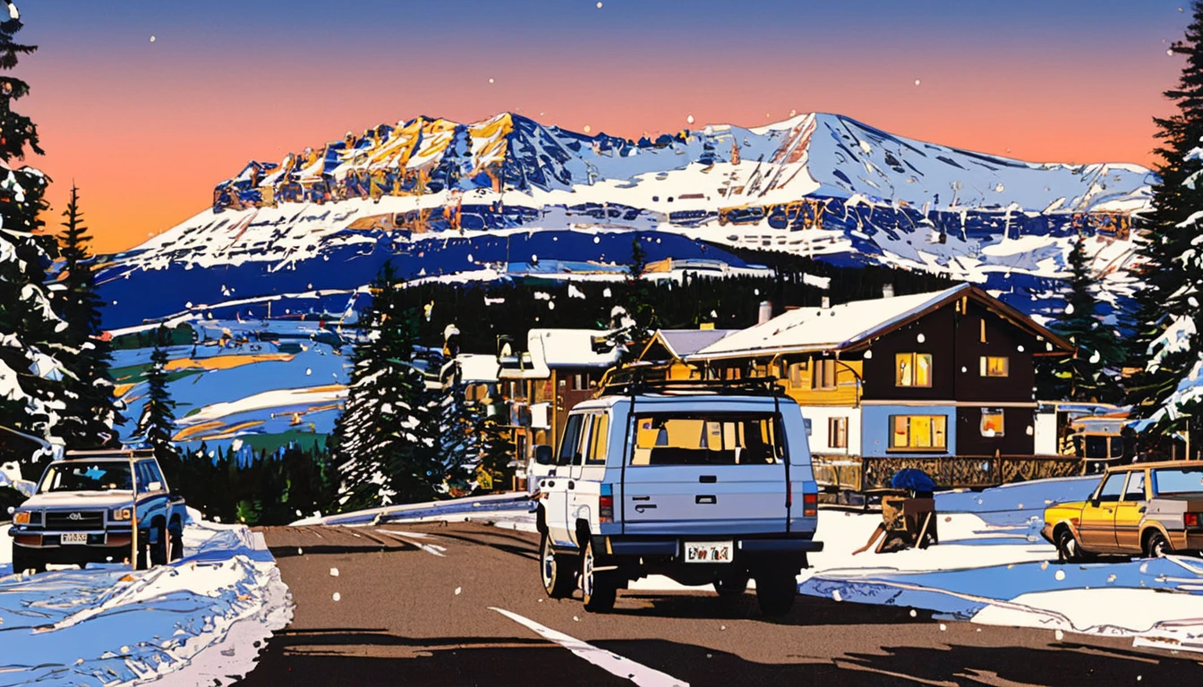 Highest quality，masterpiece，Hideto Suzuki, Toyota white Land Cruiser70 4WD car, lodge,snow trees on the road near small mountain，winter，ski resort,  Toyota white Land Cruiser70 4WD car, sunset，Nostalgia,ski,snowbord