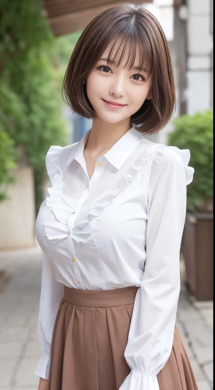  .................,, In front of school、   skirt、white long-sleeved shirt with ruffles on the chest、格子柄 skirt、On, , sakimichan,,  cute and cute,   , nice smile, sakimichan hdri、Lori、 boobs、Beautiful breasts 、,(Big Breasts:1.20),(:1)、 brown hair、 brown hairの髪、、 shorthair、Cute pose、 closes her mouth