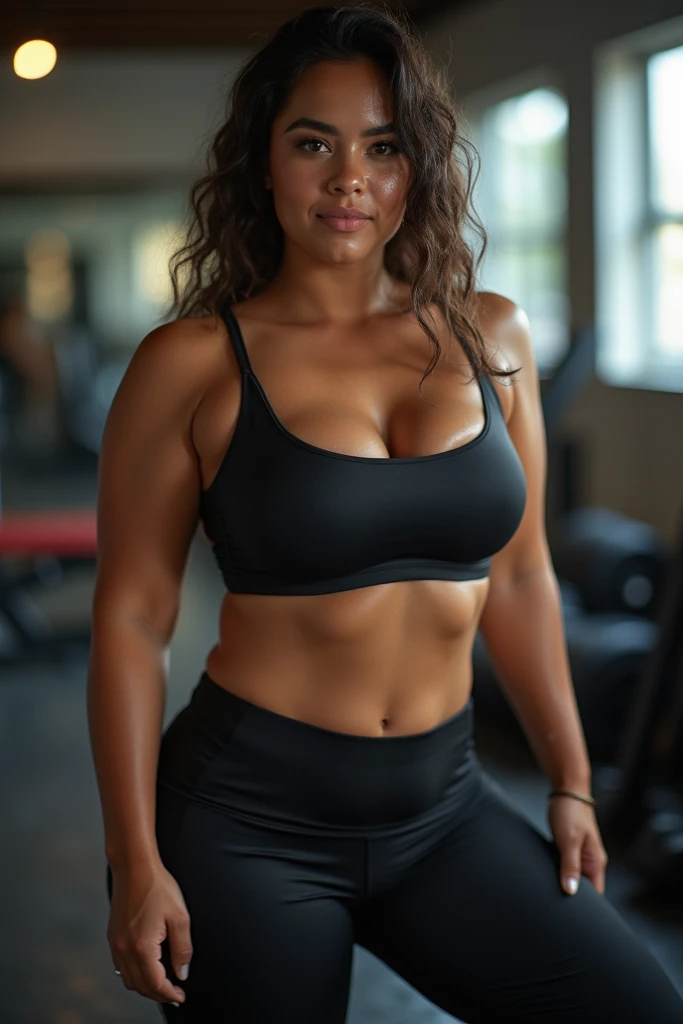 Erstellen Sie eine hyperrealistische, photorealistic photo of 30 year old black woman, Emphasizing her detailed and perfect facial features, hat lange, slightly curly black hair and striking gray-hazel eyes. kleine Nase, kurvig, Very big tits, Brustgröße (Cup size 90K). capturing the essence of her beauty and maturity, characteristic of a 30 year old black MILF. Der Stil sollte hochwertig sein, Kunstrealismus, Jedes Detail wird erfasst, um eine lebensechte und authentische Darstellung zu vermitteln.  Dressed in stylish athleisure attire - a pair of solid burgundy leggings and a matching sports bra - she&#39;s in a modern gym. Posted in the middle of the exercise, She exudes strength and determination.