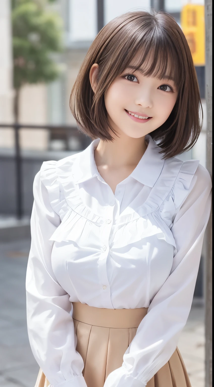 .................,, In front of school、 skirt、white long-sleeved shirt with ruffles on the chest、格子柄 skirt、On, , sakimichan,, cute and cute, , nice smile, sakimichan hdri、Lori、 boobs、Beautiful breasts 、,(Big Breasts:1.20),(:1)、 brown hair、 brown hairの髪、、 shorthair、Cute pose、 closes her mouth