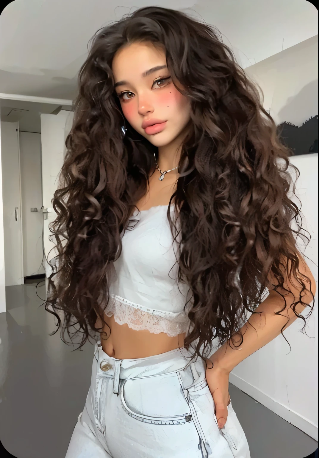 Woman with young appearance, between 16 to 18 years old, with slightly tanned skin, brown cavelos, brown eyes, large and very full wavy hair, a height of 1.65 meters --auto --s2