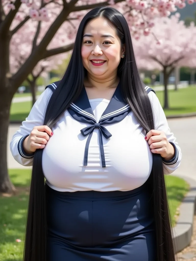 8k,Highest quality, masterpiece, Ultra-high resolution,(masterpiece:1.6, Highest quality), Intricate details, 1 female, Middle-aged woman in her 50s, japanese, upper body, top of head,((Extremely long black hair:1.5)), ((jet Black Hair)) ,((forehead:1.5)), fat, ((huge breasts, gigantic breasts:1.5)), ((super Saggy breasts:1.5)), ((pale skin, shiny skin,red lips)),((mature woman, sailor suit , Navy Blue Skirt, under a cherry tree :1.5))