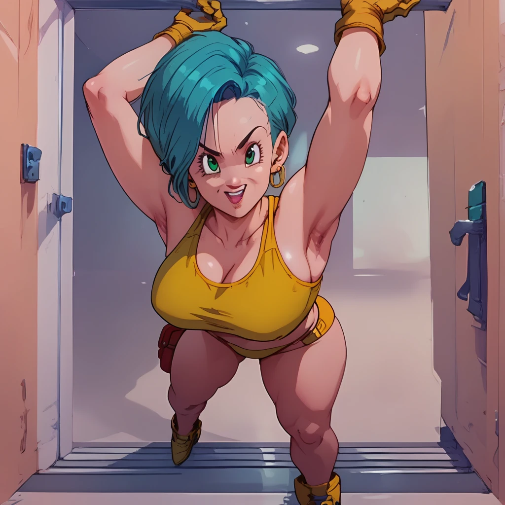 Bulma. long haircut.     green eyes.  little,    big breasts . .         big ass.     yellow gloves    .  swimsuit background. heels. playa. armpits, curvy body