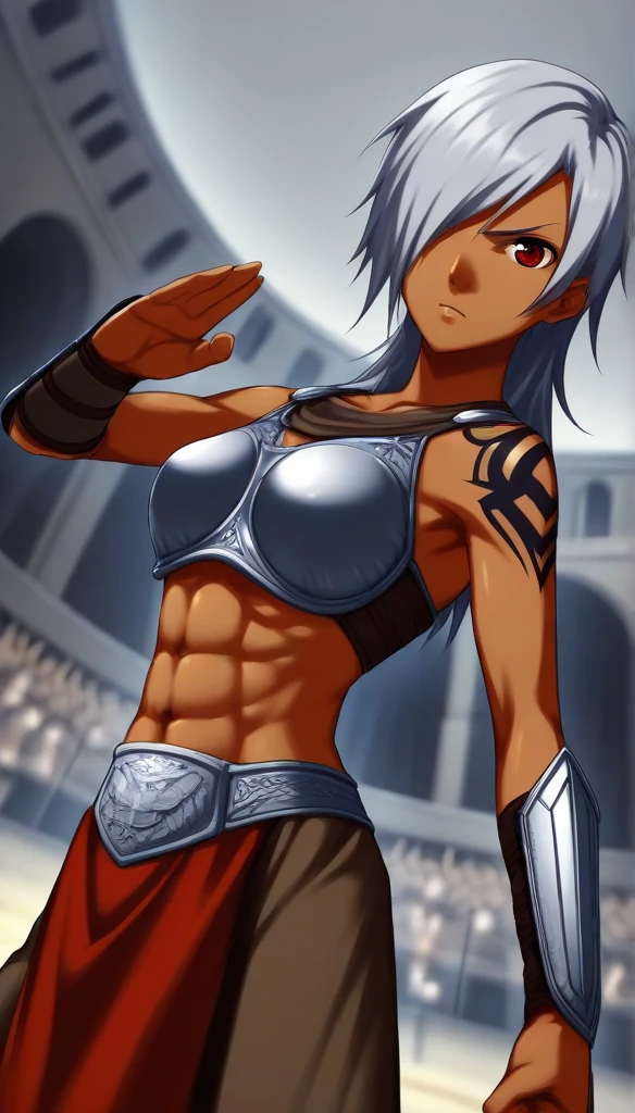 1girl, solo, short bob, wolf girl, medium breasts, athlete, (bikinia armour), forehead, waistcloth, bare limbs, bare stomach, bare thgihs, Humanoid face and body, wolf ears, stripes on cheeks, standing, wolf's tail, fighting pose, 狼の牙, stand pain well