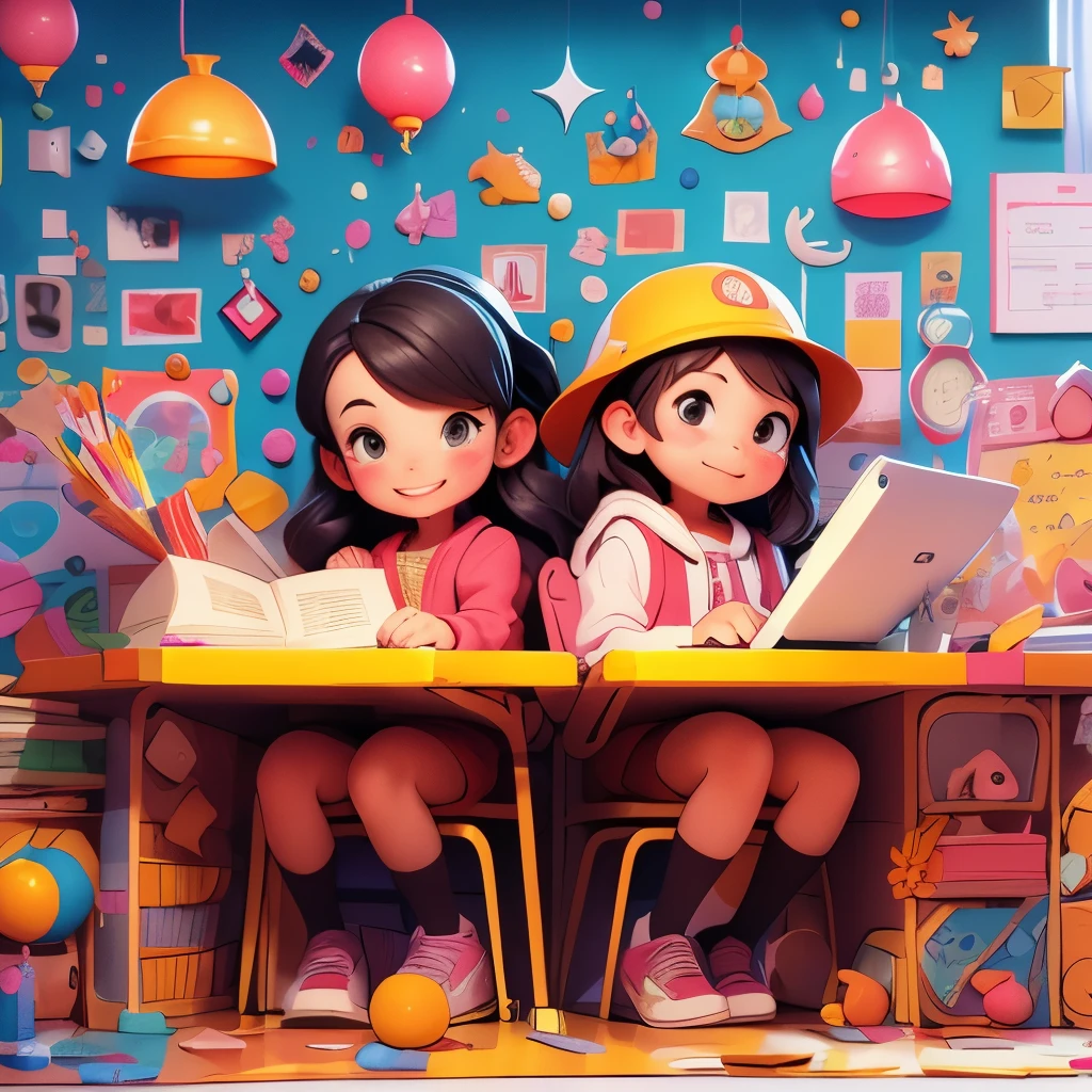 An elementary school student and an elementary school student study on their portfolio，a clean background ， a palette of warm colors ，having fun， bright colors，Giving the vagina 