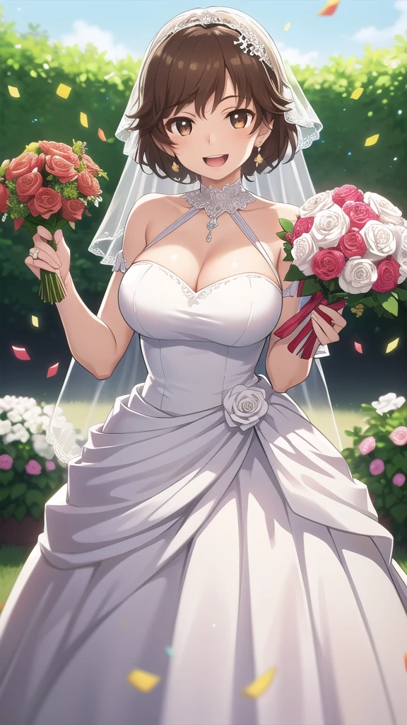 masterpiece, best quality, high quality, girl, solo, looking at viewer, kogure_kawanami, brown hair, brown eyes, large breasts, wedding Dress, standing, garden, confetti, holding bouquet, smile, open mouth,