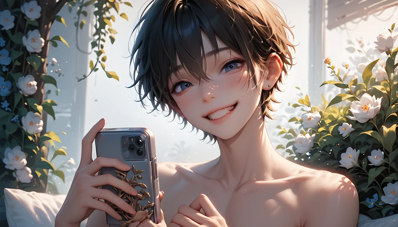 A young chinese femboy while is photographing his friend with a smarthphone to post a picture of is friend, his fiend, a teen boy, slim and skinned abs, completely naked, looking young skinny , with virgin innocent expression, showing his erection for the first time, his penis is amazing tiny, small tiny penis, he is at the park hidden in the flowers garden, he is smiling embarrassed, completely hairless smooth small penis high details, vivid quality, stunning pose.