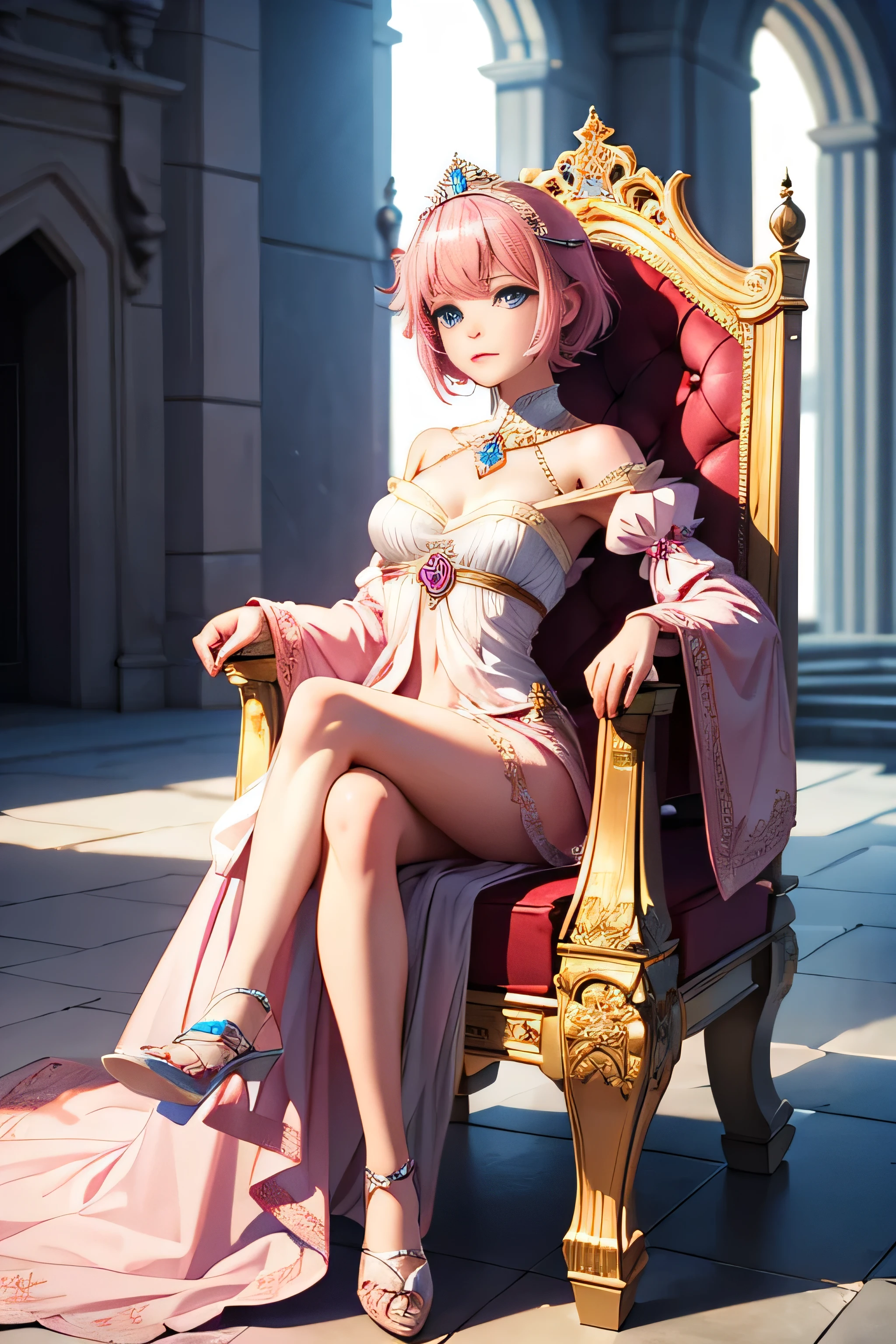1 female Lady Smiling Kindly Pink Dress Headband Big Breasts stockings Sitting on the throne