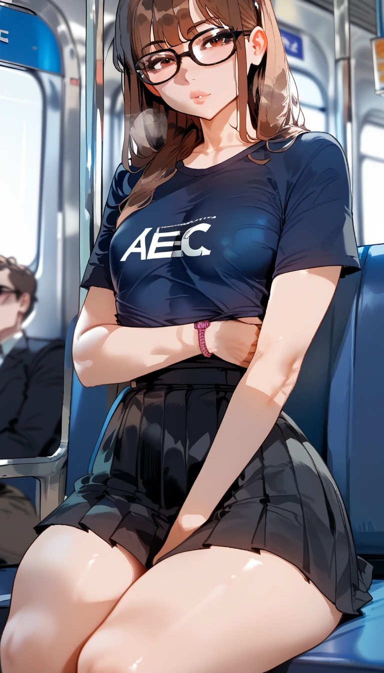 Tall girl, showing their boob, lifting the t-shirt, provocative expression, train interior, long brown hair, sitting, looking_at_viewer, cleavage, thicc thighs, looking_at_viewer, small chest, glasses, skirt, nipple show, black t-shirt