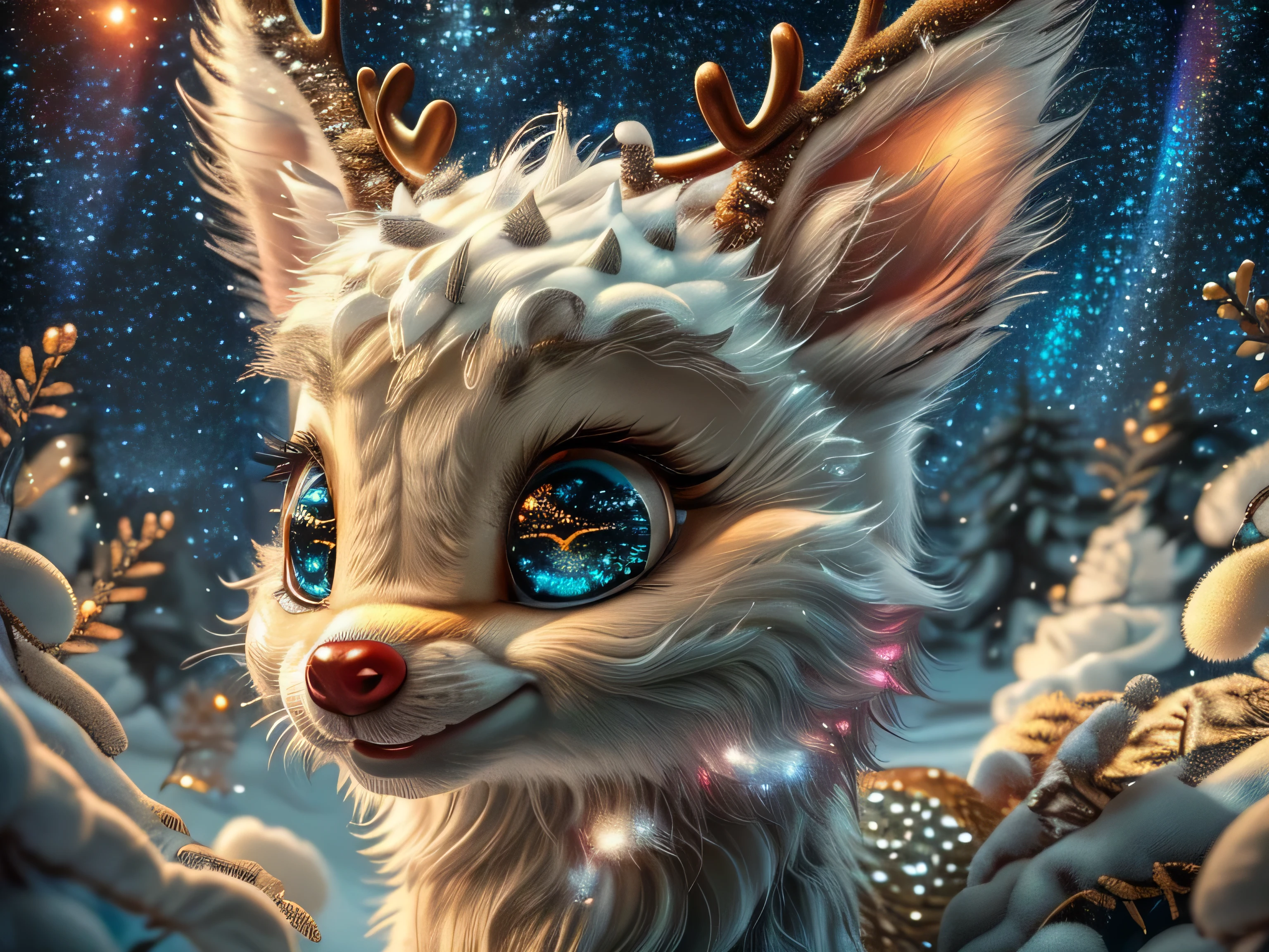 Magical Fantasy Creature, (Best Quality, Masterpiece, Representative Work, Official Art, Professional, Super Detailed, 8k:1.3), (Photorealism:1.2) Super Cute, Big Eyes, Soft, Soft Nose, Fluffy, Double-Toothed Smile, Aurorastyle, Highly detailed Dynamic shot of majestic adorable baby reindeer, high quality, beautiful masterpiece, fantasy creature, kawaii, digital art, glowing sparkles, Realistic, Beautiful, Stars in Eyes, Soft Volumetric Light, (Backlight:1.3), (Cinematic:1.2), Intricate Details, (ArtStation:1.3), --auto --s2