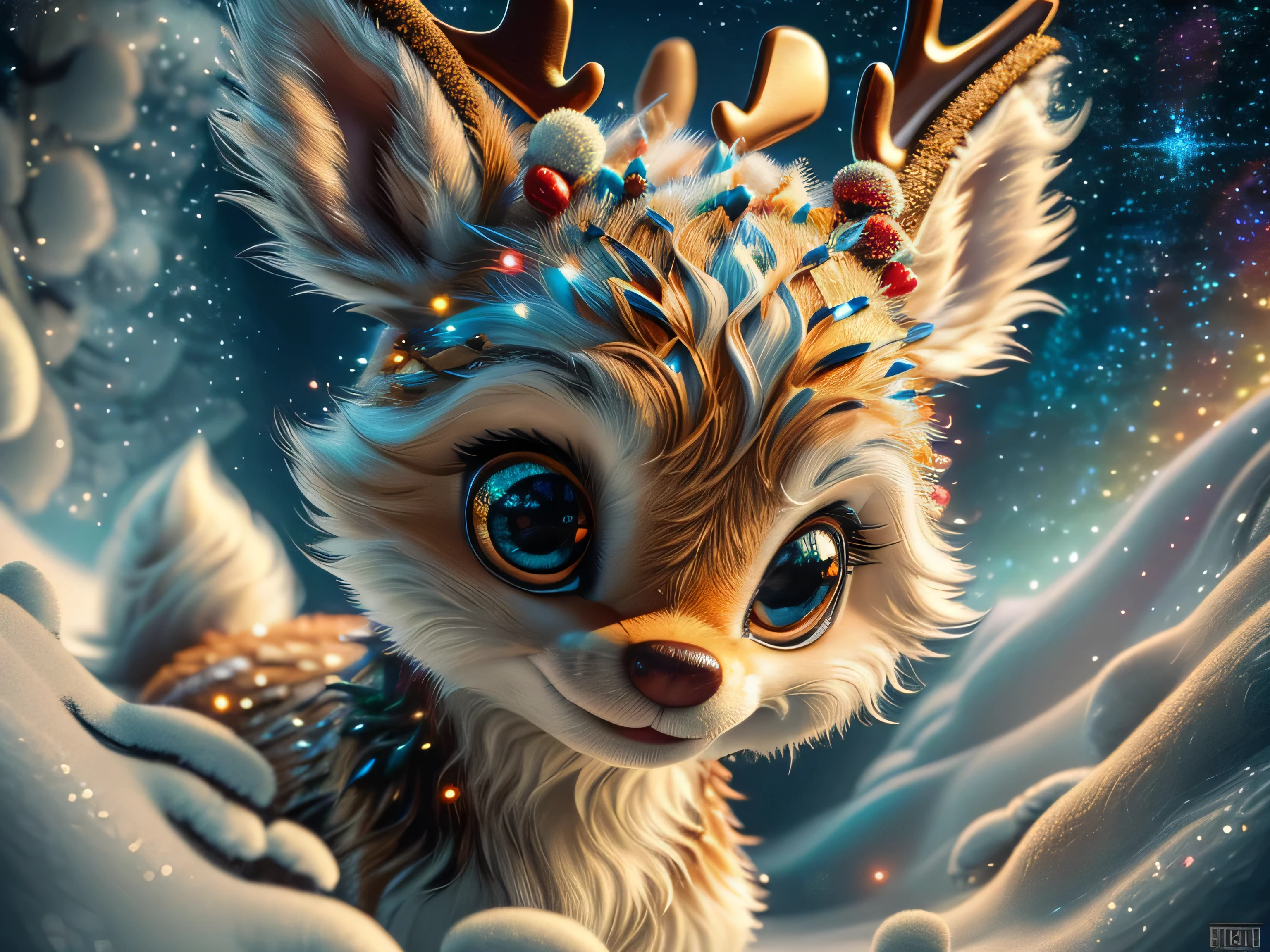 Magical Fantasy Creature, (Best Quality, Masterpiece, Representative Work, Official Art, Professional, Super Detailed, 8k:1.3), (Photorealism:1.2) Super Cute, Big Eyes, Soft, Soft Nose, Fluffy, Double-Toothed Smile, Aurorastyle, Highly detailed Dynamic shot of majestic adorable baby reindeer, high quality, beautiful masterpiece, fantasy creature, kawaii, digital art, glowing sparkles, Realistic, Beautiful, Stars in Eyes, Soft Volumetric Light, (Backlight:1.3), (Cinematic:1.2), Intricate Details, (ArtStation:1.3), --auto --s2