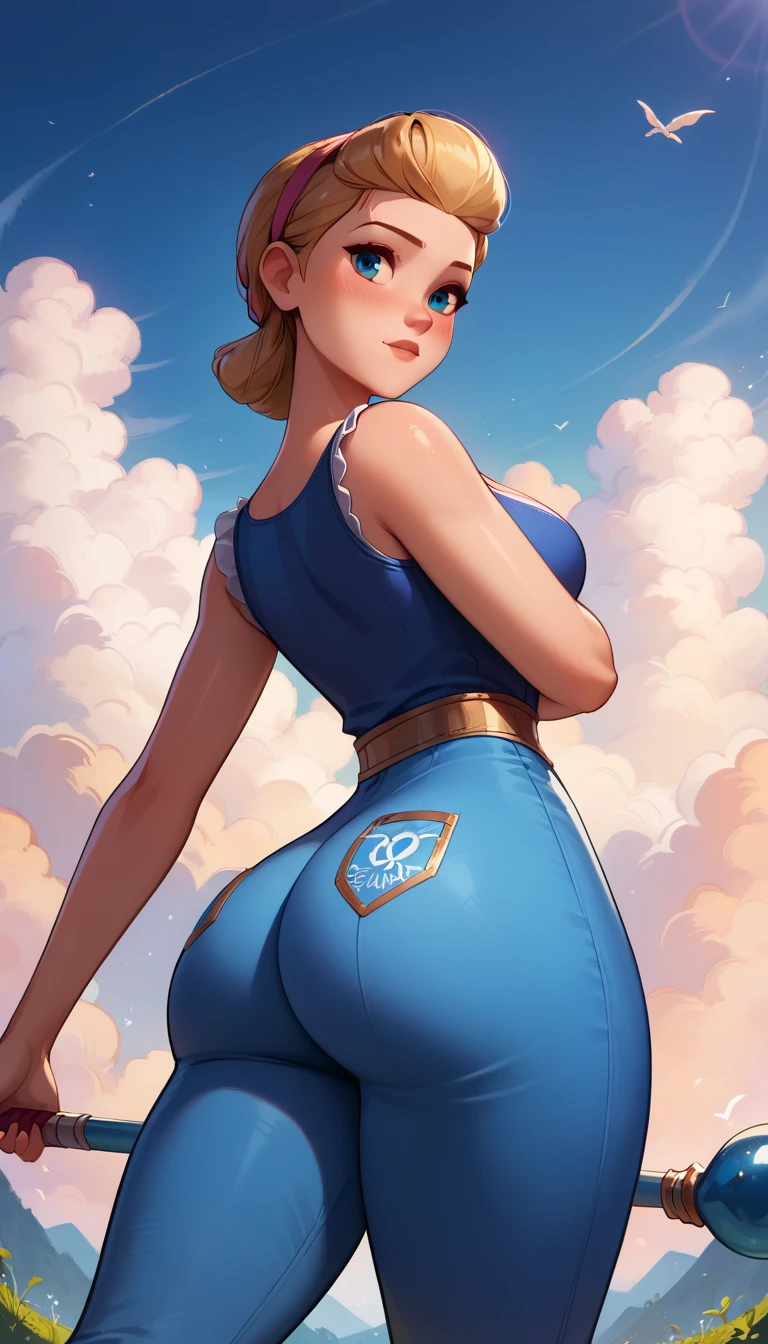 Betty, shorth hair, looking ahead at viewer, Blue simple shirt, dynamic angle, cowboy shot, blue simple pants, epic pose, ssmile, blush, bangss, blue staff, BIG ASS, plein-air, detailed back ground, cinematic, sky, clouds, best qualityer