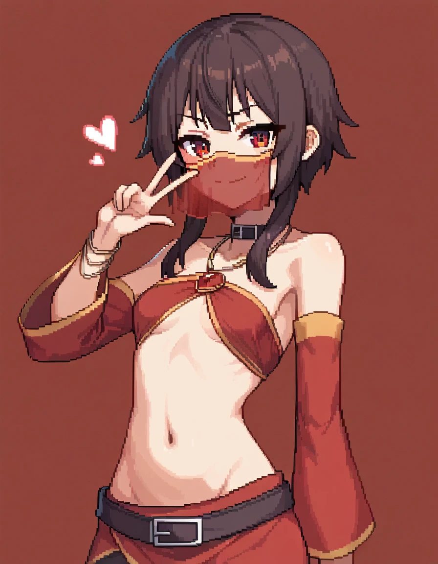 score_9, score_8_up, score_7_up, rating_safe, 1girl, solo, Pixel_Art, novuschroma38 creepy, novuschroma38,, kono subarashii sekai ni shukufuku wo!, megumin, red eyes, tsurime, brown hair, short hair, short hair with long locks, sidelocks, small breasts, revealing clothes, harem outfit, mouth veil, collarbone, halterneck, criss-cross halter, necklace, detached sleeves, bracelet, bare shoulders, navel, hip vent, harem pants, cowboy shot, v, hand up, looking at viewer, simple background, red background, heart background, blush, naughty face, smile, half-closed eyes, handjob