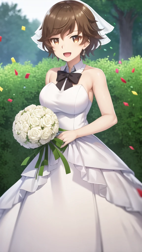 masterpiece, best quality, high quality, girl, solo, looking at viewer, kogure_kawanami, brown hair, brown eyes, large breasts, wedding Dress, standing, garden, confetti, holding bouquet, smile, open mouth,