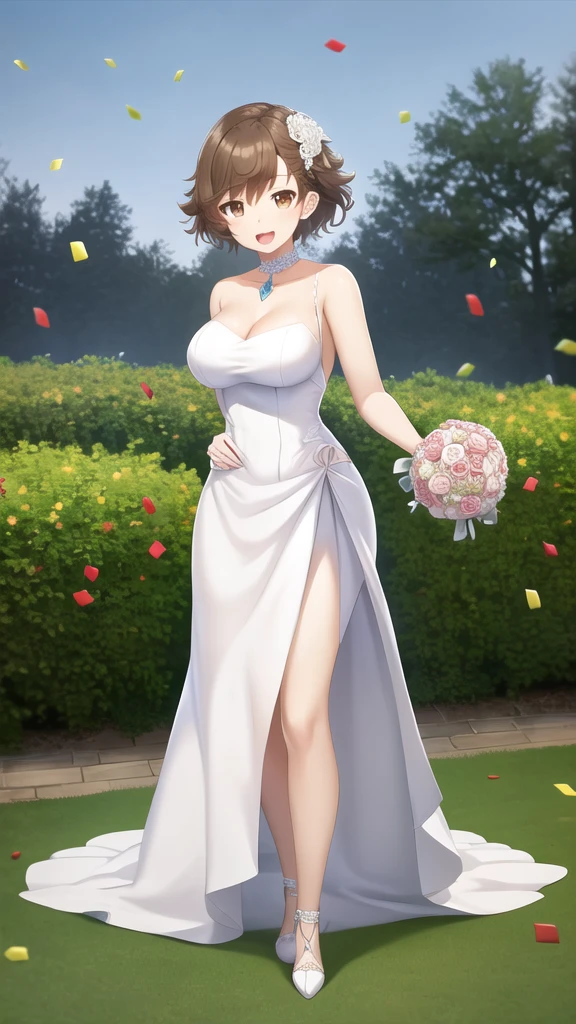 masterpiece, best quality, high quality, girl, solo, looking at viewer, kogure_kawanami, brown hair, brown eyes, large breasts, wedding Dress, standing, garden, confetti, holding bouquet, smile, open mouth,