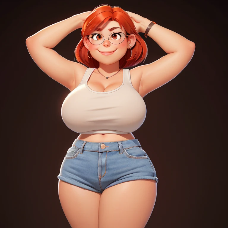 (shiny skin), body focus, (navel visible), (((hips visible))), illustration, ((very oversized tank top)), perky breasts, Beautiful character design, ,perfect lighting, Colorful, Bright_Front_face_Lighting, (vibrant_color:1.2), (Beautiful, large breasts:1.4), full body view, dolphin shorts, adult, adult,
Reddish-orange hair, red hairclip, circular glasses, (brown eyes:1.2), tank top, smile (chubby:1), extremely short shorts, of small stature, glistening sweat, cleavage, ((Raise your arms behind your head)), ((spread legs)), 