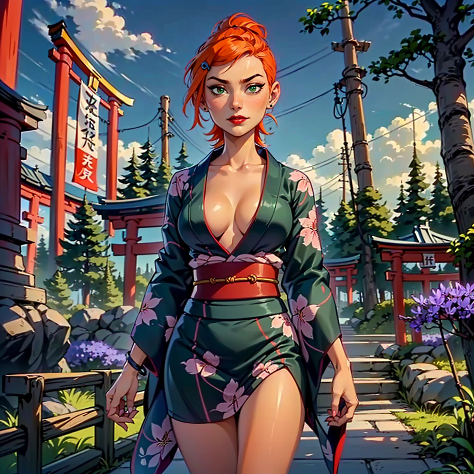 ((1girl, 1woman, alone, solo)), ((gwendolyn_tennyson, green eyes, orange hair, ((shaved side hair)), small bust, small breasts, short hair, wide hips, malicious)), ((red lipstick, Extremely detailed, ambient soft lighting, 4k , perfect eyes, a perfect face, perfect lighting, a 1girl)) , ((fitness, muscular, shapely body, athletic body, toned body)), ((kimono, Yukata, Japanese garden, Japanese temple, forest, torii, trees, city in the background, red lipstick, clouds, smug, printed kimono, jacaranda trees, neckline, cleavage))