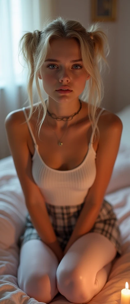 1 girl,  sexy 22 year old girl , pigtails, beautiful face, gorgeous, beautiful, beautiful, beautiful face, pale skin, parts, blonde hair, Blue eyes, full and shiny lips,  big lips,  thick lips,  half-open lips ,  light pink lip gloss , mask, skinny thighs, petite body, , skinny, flat chest, skinny,  , Big Head, innocent look, Young face, long pink nails, feet and heels hd, micro plaid skirt ,  off her shoulders white tank top, white tight gathered stockings, black patent leather high heels, sweaty,  on knees in a bedroom with candles and a soft warm light. (looking up at viewer) 
