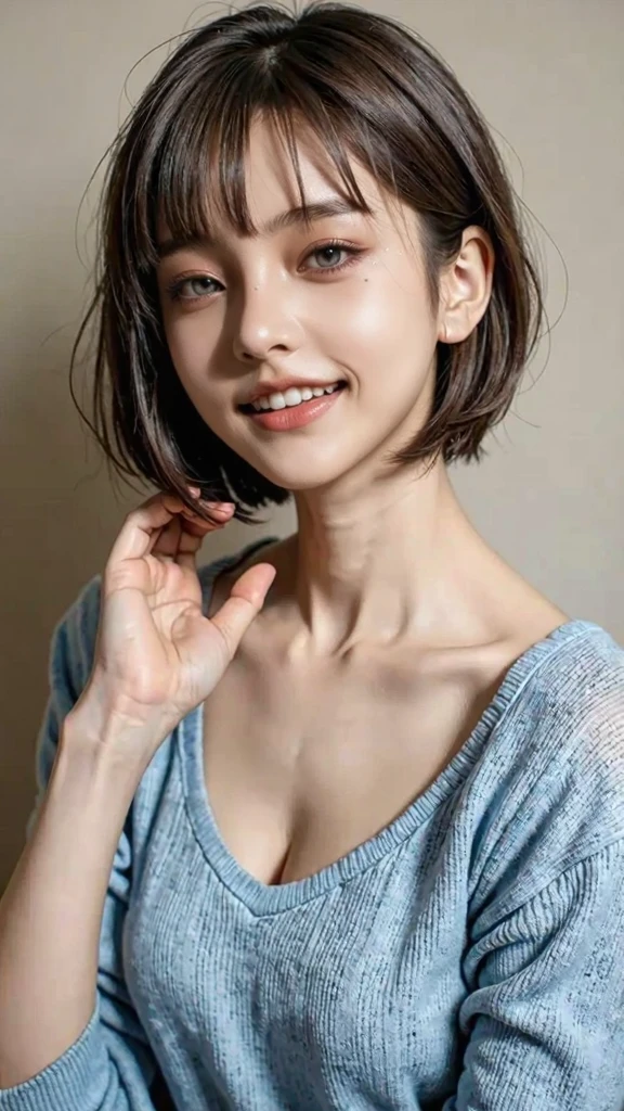 highest quality, masterpiece, ultra high resolution, (realistic:1.4), (portrait facing each other) Raw photo, 1 girl, 26 years old,((sister)),((very short hair)),((Bangs, short hair, above eyebrows)),((looking up at the viewer)),realistic,((Simple solid color background)), picture media chest)),((toothy smile)),