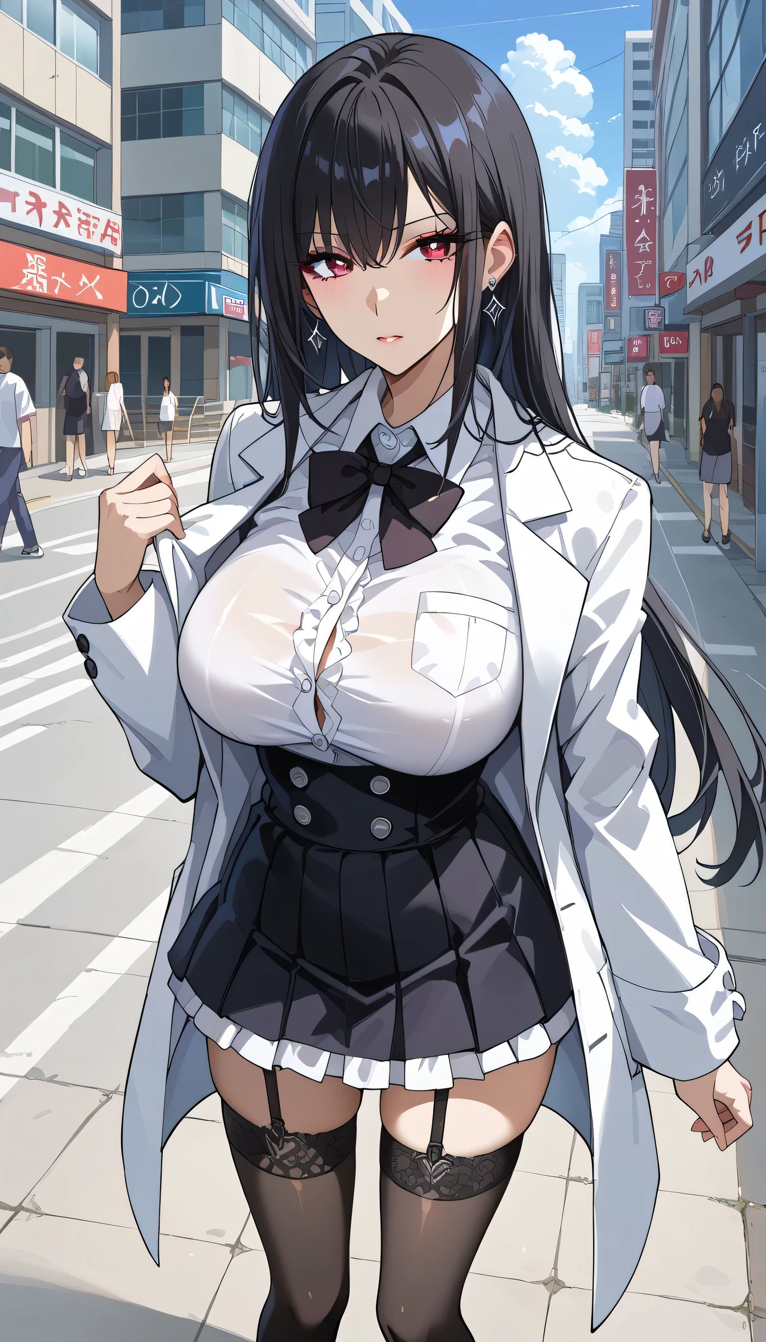  frustrated、Bad mood、bustling street、akihabara、Urban city、building、Around town、 wear white coats、 shirt 、akihabara駅、 Scramble Crossing 、 crowds、gothic ta shirt  、 frustrated、Depressed、Bad mood、 I'm in a bad mood、Tall Women、A woman in her thirties、 Alassah's woman 、steins;Gate、Bad mood、 score_9,  score_8_up,  score_7_up,  source_anime,masterpiece、Urban city、akihabara、 No Emotion、 no makeup、 top quality, beautifully detailed eyes , Exquisite Eyes、A sophisticated eye、 highly detailed eyes and face,Unmotivated look、Apathetic face、 long breasts, 1 female,  wear white coats、grey shirt  、白衣の下にgothic lolihirt  、 gray gothic lolita s  、Black Gothic Lolita Skirtray gothic lolita shirt 、 B Gothic Lolita Skirt 、 Mini t、 short skirt  , Big saggy breasts, shockingly  Big Breasts ,  Big Breasts , room,Big Breasts、 boobs 、 zitales , makeup、 no makeup、 black hair、 long hair、Smooth straight hair、 black stockings、 garter belt、black garter belt 、 tall women、Tall Women、 plump thighs 、 taken from above