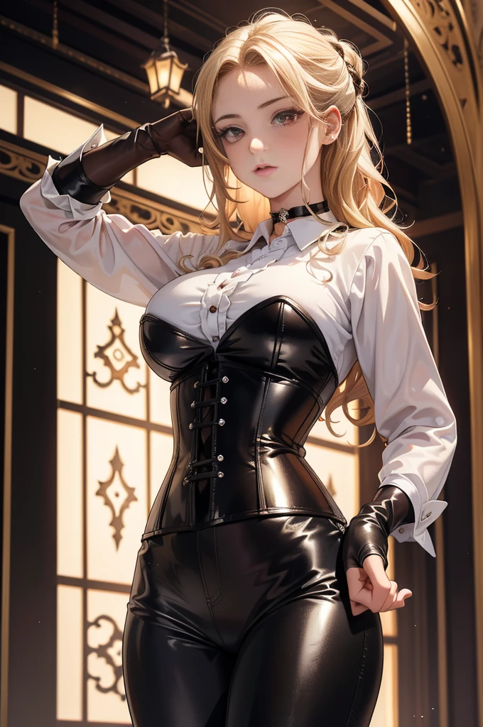 slender, mature female, 1girl, rating:safe, pantyhose, gloves, breasts, blonde_hair, blue_eyes, leotard, bare_shoulders, detached_collar, strapless, large_breasts, solo, black_gloves, cleavage, bunny_ears, bowtie, looking_at_viewer, indoors, detached_sleeves, bow, bunnysuit, sidelocks, black_legwear, black_leotard, chair, bangs, side_ponytail, animal_ears, long_hair, closed_mouth, black_neckwear, corset, hair_between_eyes, blush, mole, skirt, cowboy_shot, wrist_cuffs, brown_legwear, strapless_leotard, eyebrows_visible_through_hair, index_finger_raised, arm_strap, skindentation, standing, shirt, mole_under_eye