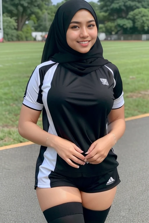 RAW, Best quality, high resolution, Masterpiece: 1.3), Beautiful malay woman in rugby outfit wearing shawl style hijab, non naked, wearing jersey outfit, ((2 females, groping each others breasts, breasts groping from behind)), flawless face, cute face, pretty malay face, beautiful white teeth, Masterpiece, Perfect plump body, full body, medium height girl, sexy rugby outfit, tight breasts, short hair, ((wearing black shawl style hijab, wide and long hijab)), covered in cum, soaked in semen, beautiful big eyes, watery eyes, Soft smile, smiling, breezy, skin details, skin texture details, wide hips, thick thighs, sexy plump body, morning time, happy, bright sunshine, at football field, blurred background, bokeh, ((white, black and grey outfit, wearing baggy rugby jersey shirt short sleeves, wearing black handsocks, wearing tight sports panties, wearing black long socks,)), ((standing, sexy legs, sweaty crotch)), ((hands above breasts)), ((wearing long black gloves))