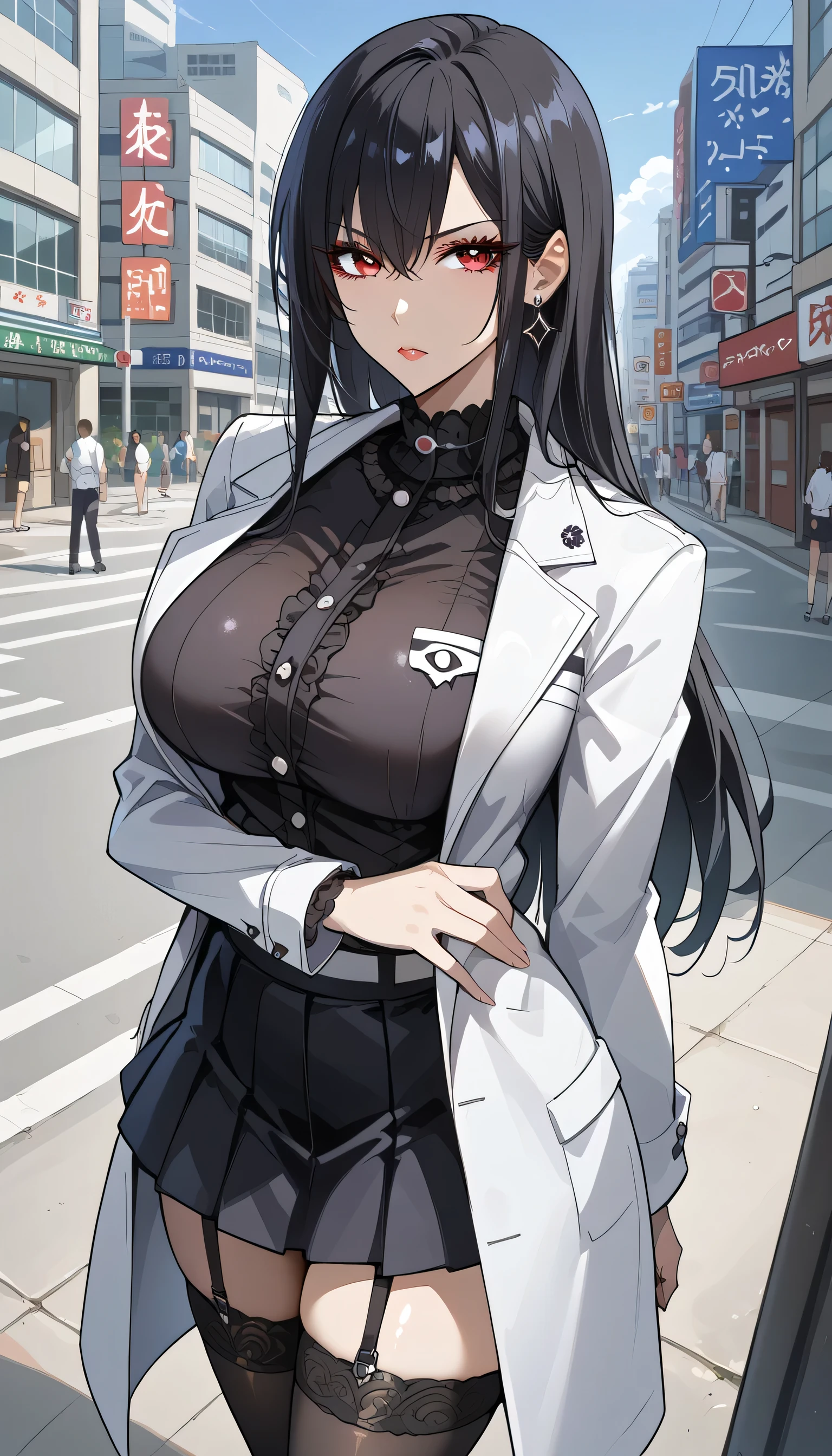  frustrated、Bad mood、bustling street、akihabara、Urban city、building、Around town、 wear white coats、 shirt 、akihabara駅、 Scramble Crossing 、 crowds、gothic lolita shirt  、 frustrated、Depressed、Bad mood、 I'm in a bad mood、Tall Women、A woman in her thirties、 Alassah's woman 、steins;Gate、Bad mood、 score_9,  score_8_up,  score_7_up,  source_anime,masterpiece、Urban city、akihabara、 No Emotion、 no makeup、 top quality, beautifully detailed eyes , Exquisite Eyes、A sophisticated eye、 highly detailed eyes and face,Unmotivated look、Apathetic face、 long breasts, 1 female,  wear white coats、grey shirt  、白衣の下にgothic lolita shirt  、 gray gothic lolita shirt  、Black Gothic Lolita Skirt 、 gray gothic lolita shirt 、 Black Gothic Lolita Skirt 、 Mini Skirt、 short skirt  , Big saggy breasts, shockingly  Big Breasts ,  Big Breasts , room,Big Breasts、 boobs 、 zitales , makeup、 no makeup、 black hair、 long hair、Smooth straight hair、 black stockings、 garter belt、black garter belt 、 tall women、Tall Women、 plump thighs 、 taken from above