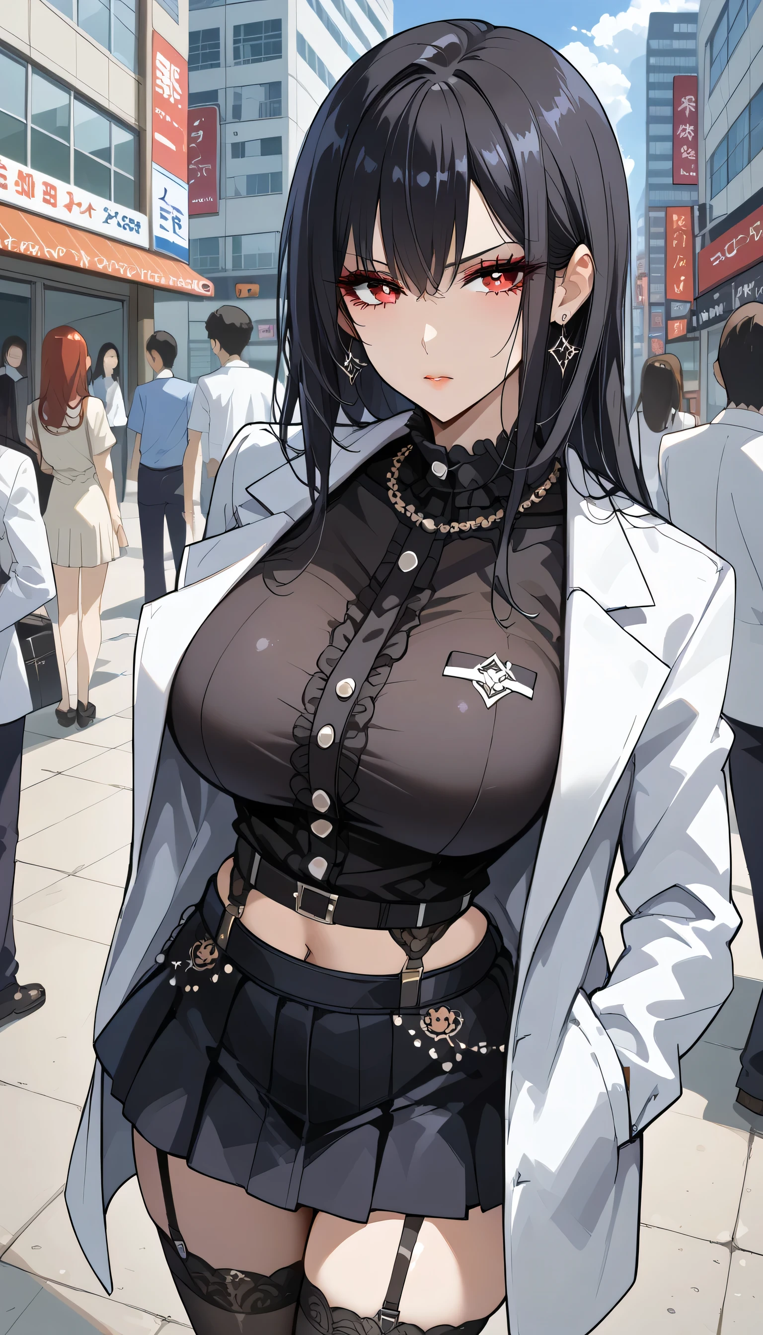  frustrated、Bad mood、bustling street、akihabara、Urban city、building、Around town、 wear white coats、 shirt 、akihabara駅、 Scramble Crossing 、 crowds、gothic lolita shirt  、 frustrated、Depressed、Bad mood、 I'm in a bad mood、Tall Women、A woman in her thirties、 Alassah's woman 、steins;Gate、Bad mood、 score_9,  score_8_up,  score_7_up,  source_anime,masterpiece、Urban city、akihabara、 No Emotion、 no makeup、 top quality, beautifully detailed eyes , Exquisite Eyes、A sophisticated eye、 highly detailed eyes and face,Unmotivated look、Apathetic face、 long breasts, 1 female,  wear white coats、grey shirt  、白衣の下にgothic lolita shirt  、 gray gothic lolita shirt  、Black Gothic Lolita Skirt 、 gray gothic lolita shirt 、 Black Gothic Lolita Skirt 、 Mini Skirt、 short skirt  , Big saggy breasts, shockingly  Big Breasts ,  Big Breasts , room,Big Breasts、 boobs 、 zitales , makeup、 no makeup、 black hair、 long hair、Smooth straight hair、 black stockings、 garter belt、black garter belt 、 tall women、Tall Women、 plump thighs 、 taken from above