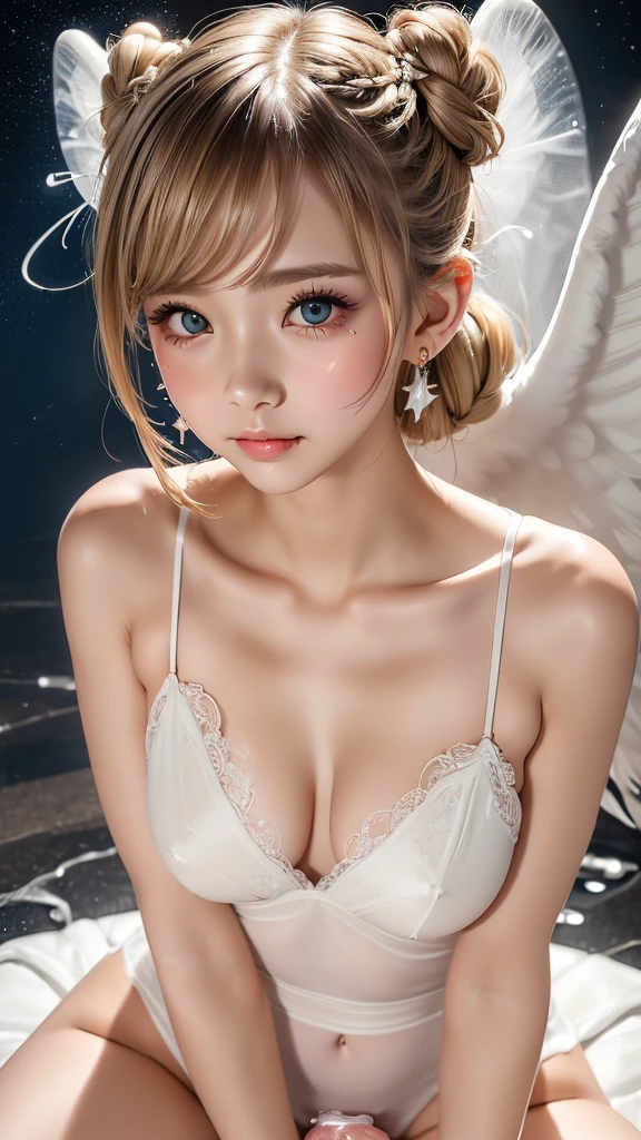 (Two very cute girls:1.3), ((Best Quality)), ((masterpiece)), (detailed), ((Futanari:1.2)), (French braid), (blonde hair), (A ribbon is tied to the erect penis:1.1), Fingers to penis, Romantic low bun, Elbow gloves, (bondage:1.1), Small breasts, Open Crotch Panties, (Blushed), (cheek:1.3), shame, Confused, earrings, Silky white skin, Thin eyebrows, (Semen dripping onto penis:1.4), (cumshot:1.45), orgasm, ahegao, pussy juice, (shining halo above the head:1.1), (angel's wing), dark background, stars, moon