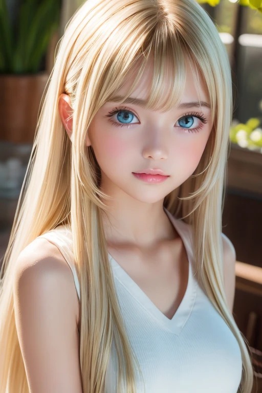 Extraordinary sexy beauty、Beautiful, A kind and bright expression、Sexy and refreshing look、Perfect beautiful pretty face、Super long ponytail、bangs over eyes、Hair on the face、Super long, natural platinum blonde straight hair with a mysterious shine、Beautiful facial hair、Very cute beautiful sexy young little woman、So perfect and beautiful, pretty face、Big Breasts, Very beautiful, bright blue eyes,、Very white, youthful and bright skin、Small Face Beauty、Round face
