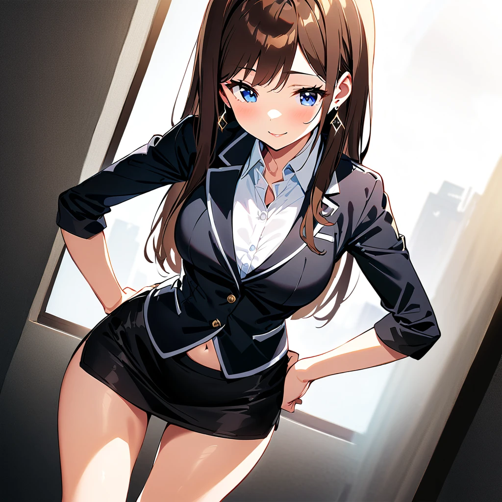 ( beautiful girl : 1.3),A girl,masterpiece,  super high resolution with two hands,Rich contrast, soft smile ,8k, high-resolution CG unit wallpaper ,group, super high resolution with two hands,RAW photos, written with border depth 1 .2、 dark blue eyes , Glowing Skin, beautiful glossy lips , beautiful white skin ,  best body , dark gray short gym shorts with tight waist ,  best smile , smiling kindly 、find、 shiny brown long straight hair 、 brown hair, 、 rustic earrings that sparkle at night 、,  sexy body、sexy vibe、 Cowboy Shot 、Beautiful feet、captivating eyes,  bright office background with window view ,  Women's Suit ,  white blouse with two buttons unbuttoned ,  wearing a black blazer ,  black short pencil skirt barely covers hips,  white blouse with two buttons .,  Slight Posture , Nervous eyes , nervous expression,  I look up a little bit ,  angle looking down from above , Panty exposure,