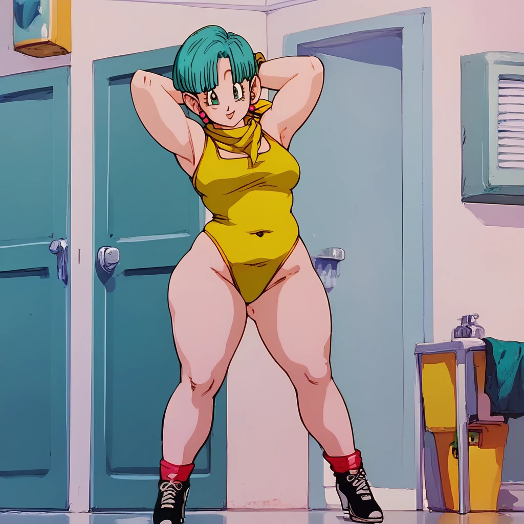 Bulma. Short haircut.    green eyes.  little,  .    huge hips. chubby.       big ass.    yellow gloves   .  swimsuit background. heels. playa. armpits, 