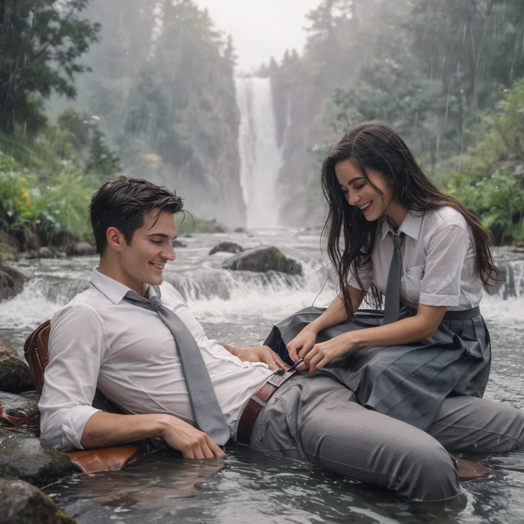 romantic couple. an Indonesian man lying on river, it is raining On the right and left sides of the river, there are lush grass, laughing cheerfully, there was a woman sitting smilling is seento try to bite the zipper of the man's pants with her teeth. in indonesian high school uniforms with white tops and gray bottoms, blank gray tie. 4k. ray tracing. high resolution realistic