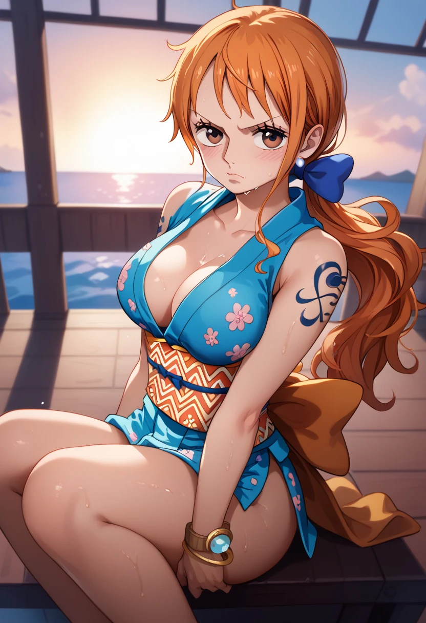 aanami, long hair, orange hair, low ponytail, hair bow, earrings, brown eyes, shoulder tattoo, breasts, collarbone, bare shoulders, japanese clothes, short kimono, blue kimono, floral print, sleeveless, bracelet, sash, obi, blushing, tsundere, seductive pose wet with sweat, full body, Direct view, looking at viewer, ship deck, sunset, getting carry fucked by luffy